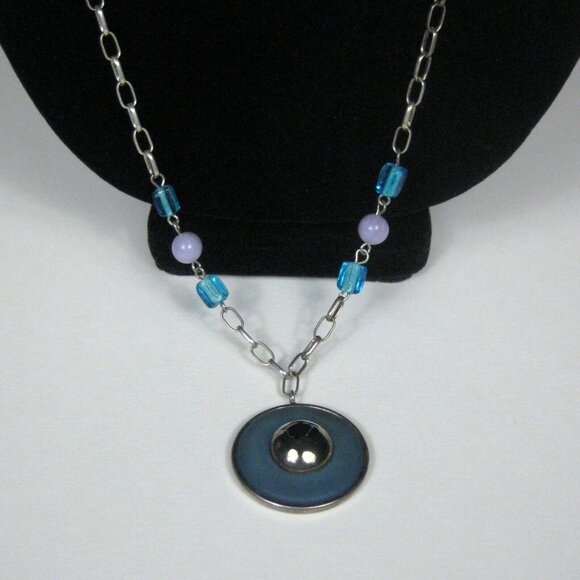 Necklace 32 In Silvetone Chain Pendant Strand Glass Beaded Blue Jewelry Women - Picture 4 of 10